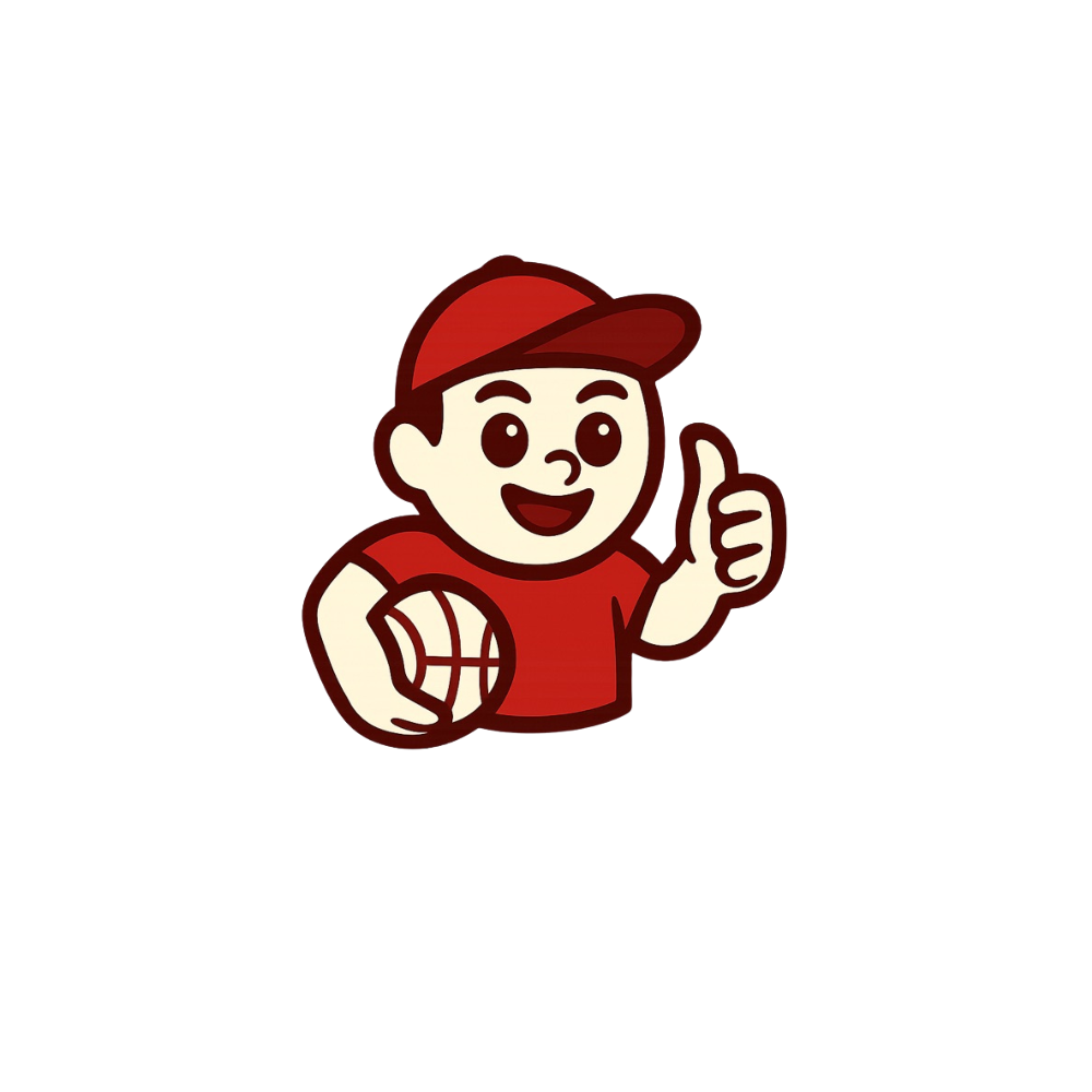 Cartoon mascot of a smiling boy in a red cap and shirt, giving a thumbs up and holding a basketball.